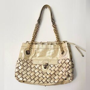 Chic Gold and Tan Woven Shoulder Bag
